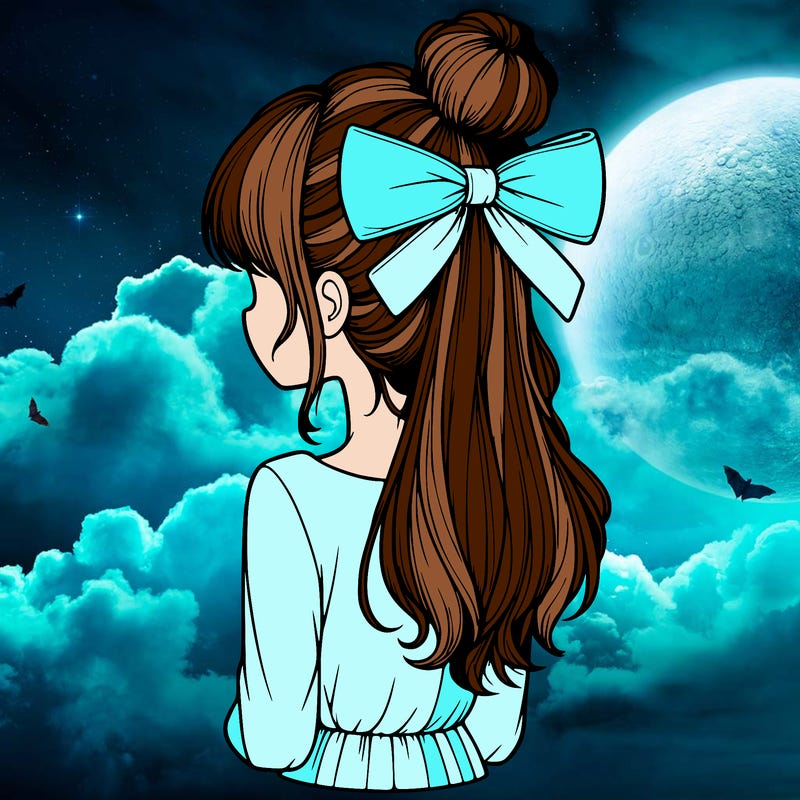 realistic girl  with hip length hair a bun and a big bow on the back of head