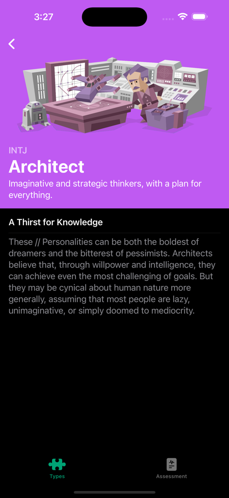 YourMyersBriggs - A detailed profile screen for the INTJ Architect personality type in the YourMyersBriggs app featuring a character illustration and descriptive text.