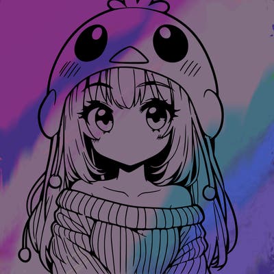 anime girl with chick shaped hat with sweater with bare shoulders with bangs covering them one eye with low tail