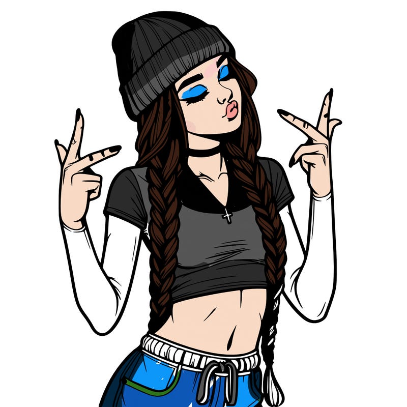 realistic teenage girl with braids and a beanie and crop top doing 🫶🏼