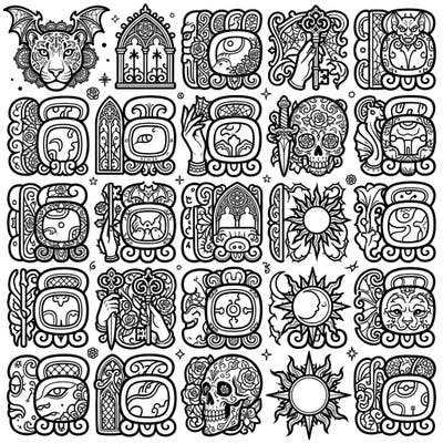 Dive into a world where ancient Mayan symbols meet dark, ornate Gothic aesthetics with this captivating coloring page. Perfect for those who love history, mystery, and intricate designs, it offers a unique artistic challenge.