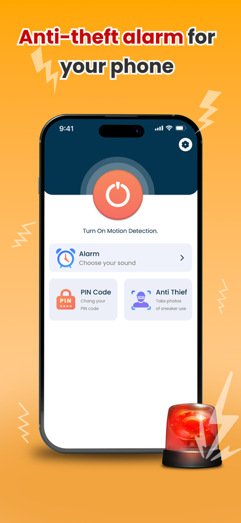 Don't touch phone: Alarm - Smartphone screen showing the Don't touch phone app interface with anti-theft alarm, motion detection, and PIN code settings.