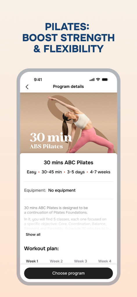Captura de tela do app Diet and Training by Ann mostrando um programa de treino de Pilates ABS de 30 minutos com detalhes sobre duração e intensidade.
