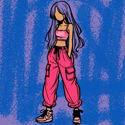girl in baggy pants crop top and long hair
