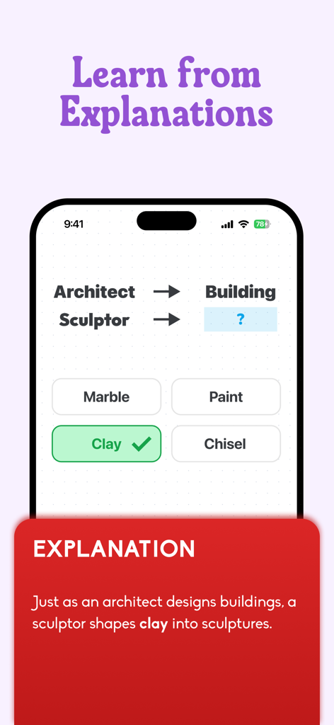 Simbo - IQ & Brain Training - A logic puzzle in the Simbo brain training app showing an analogy question with a correct answer and a written explanation.