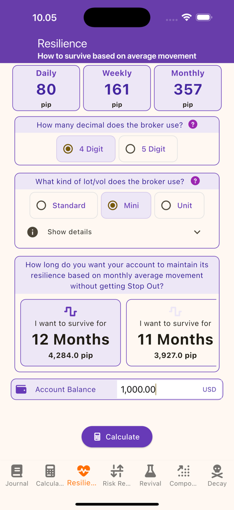 Trader Journal App-Oberfläche, die den Resilience-Rechner zur Verwaltung des Risikos und der Überlebensfähigkeit von Trading-Konten basierend auf der Pip-Bewegung zeigt