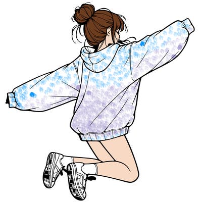 realistic girl jumping with a bun and oversized sweatshirt