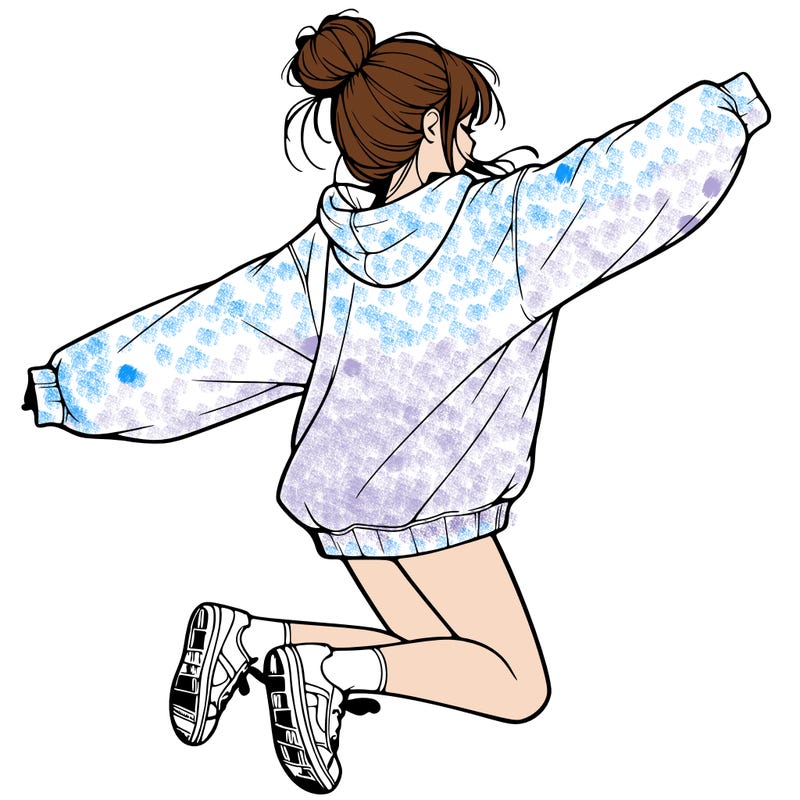 realistic girl jumping with a bun and oversized sweatshirt