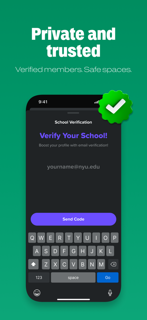 IGOTIN - Uma tela de smartphone mostrando o processo de verificação de e-mail da escola no aplicativo IGOTIN para comunidades estudantis privadas e confiáveis.