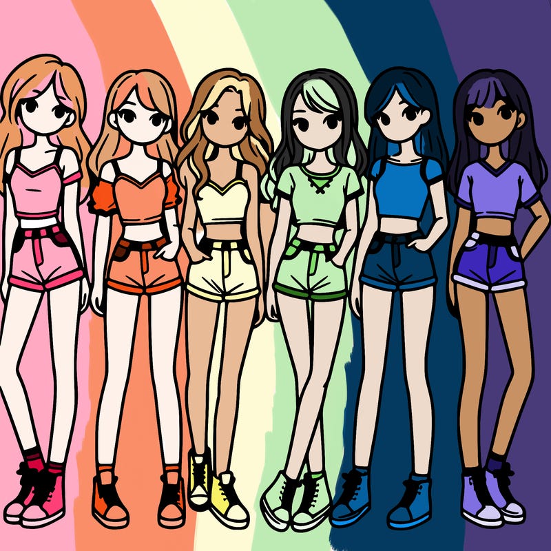 a group of girls wearing crop tops and shorts
