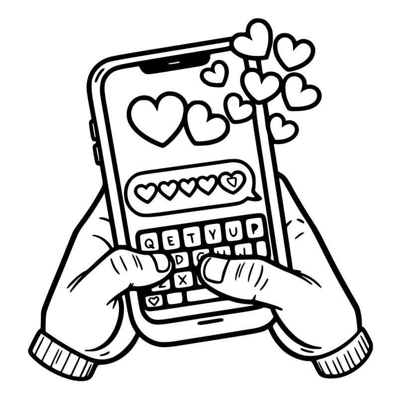 a love message being typed on a phone screen with heart emojis popping.