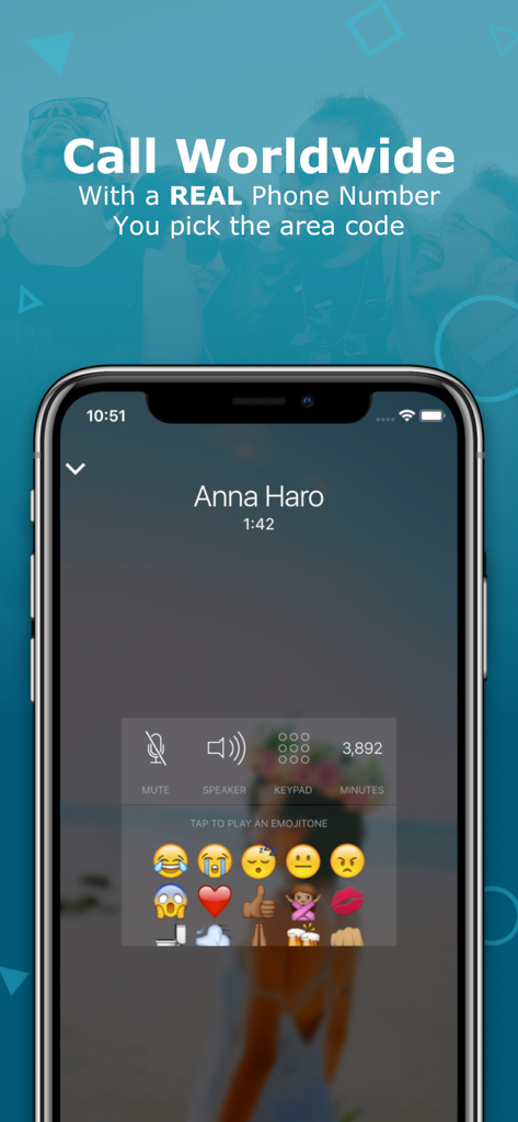 Nextplus: Private Phone Number - Interfaccia dell'app Nextplus che mostra una chiamata telefonica in corso con un contatto e una bacheca di reazioni emoji.