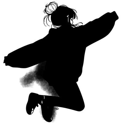 realistic girl jumping with a bun and oversized sweatshirt