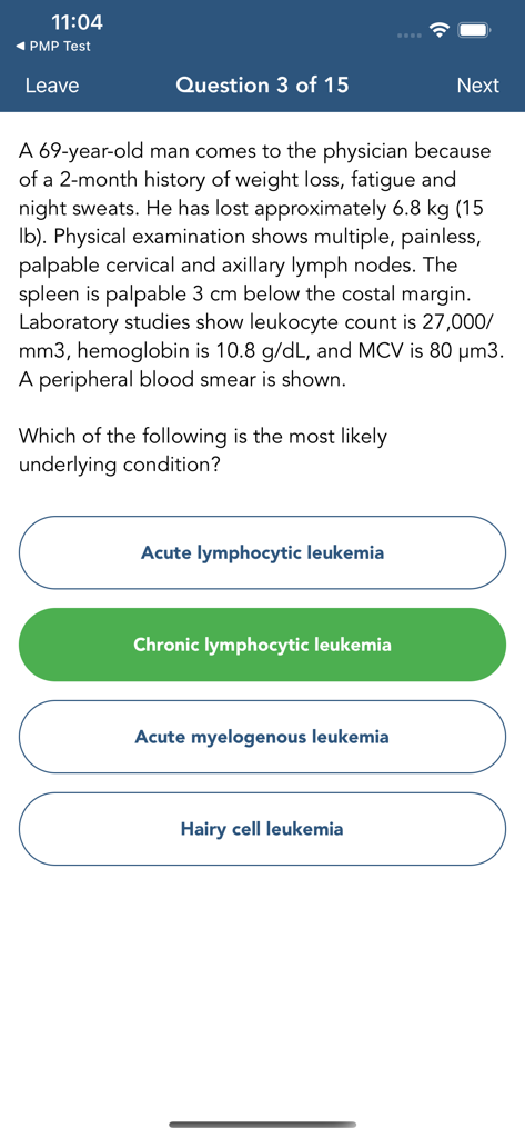 A USMLE Step 1 practice question screen with a medical clinical scenario and multiple choice answers