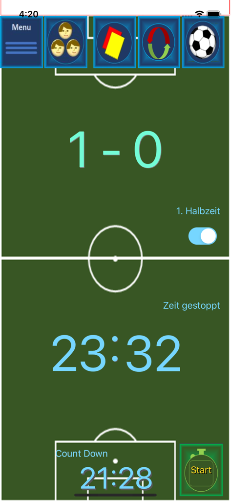 Soccer referee app interface displaying the match score and game clock