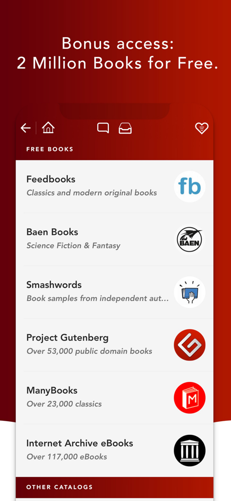 Interfaz de la aplicación QuickReader mostrando acceso a dos millones de libros gratuitos en múltiples catálogos como Project Gutenberg y ManyBooks