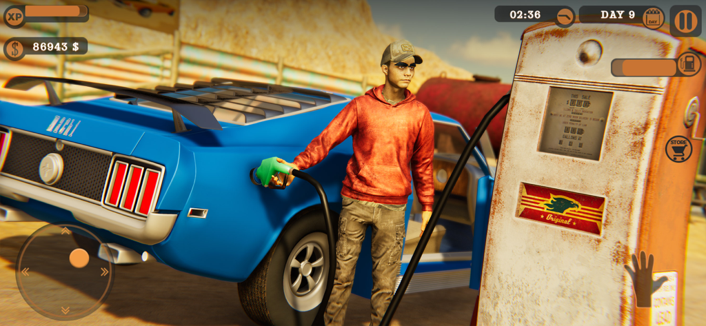My Gas Station Market Sim - A character refueling a blue sports car at a desert gas station pump in a simulation game.