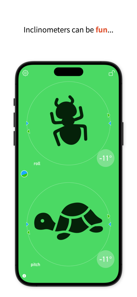 3pLevel - Inclinometer - Captura de pantalla de la aplicación de inclinómetro 3pLevel que muestra el balanceo y el cabeceo utilizando divertidos iconos de hormiga y tortuga en una interfaz verde