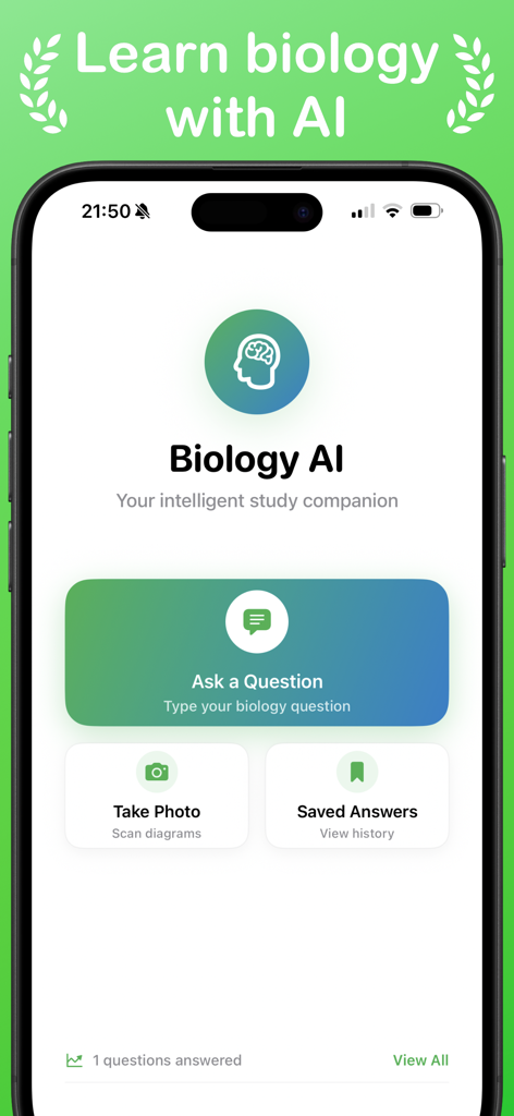 Biology AI: Homework Solver - Home screen of Biology AI app showing options to ask a question type a question and scan diagrams with a camera