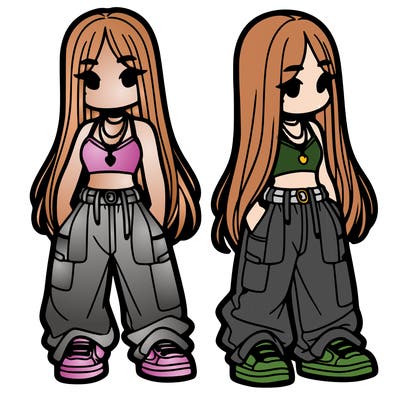 girl in baggy pants crop top and long hair
