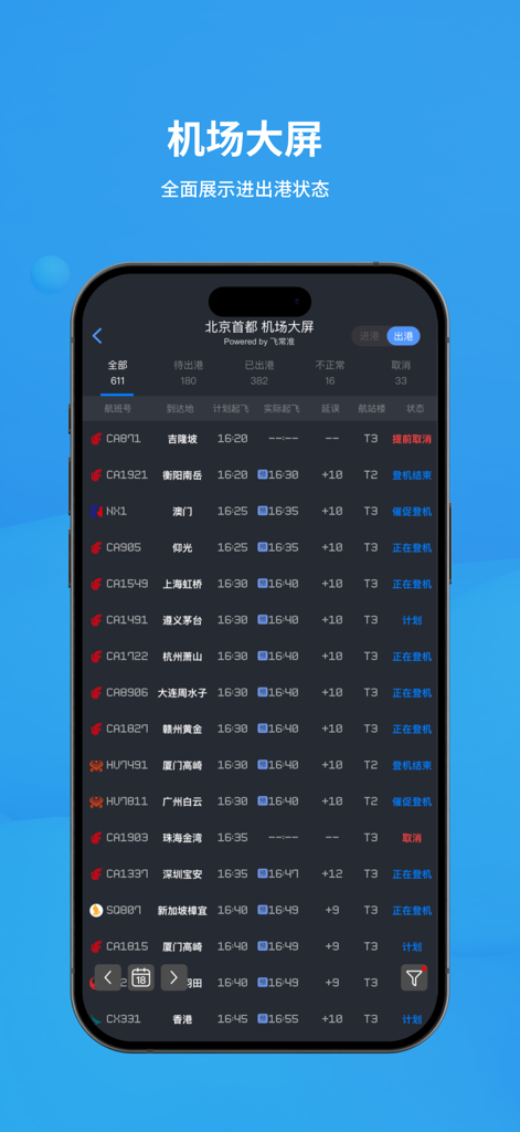VariFlight app interface displaying a detailed real-time flight status board for Beijing Capital Airport.