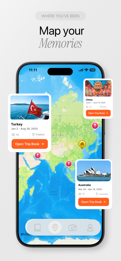 TripMemo | Travel Journal - TripMemo app interface showing a world map with pinned travel memories and digital trip books for Turkey China and Australia