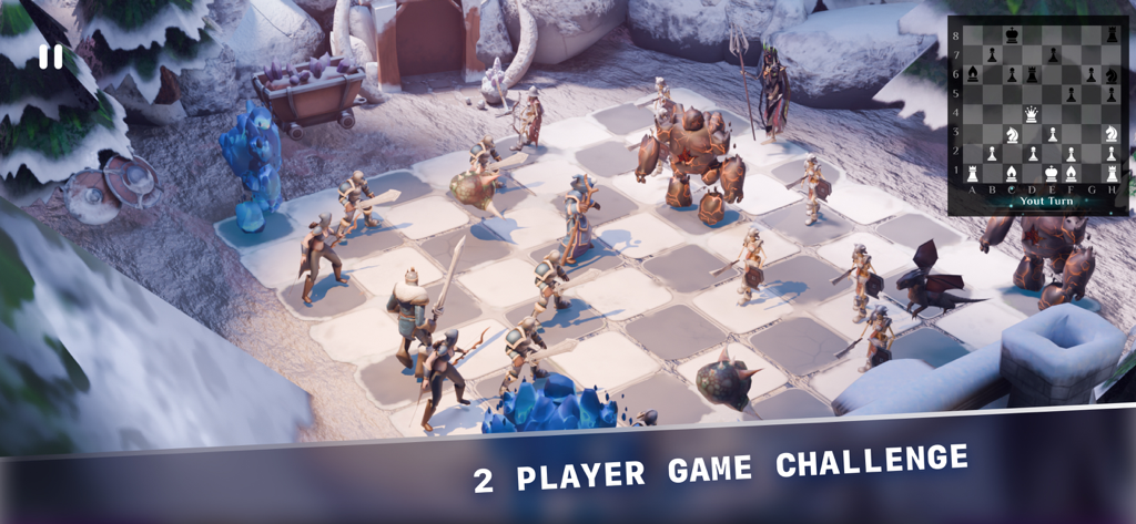 3D chess board with animated fantasy characters and a mini map display.