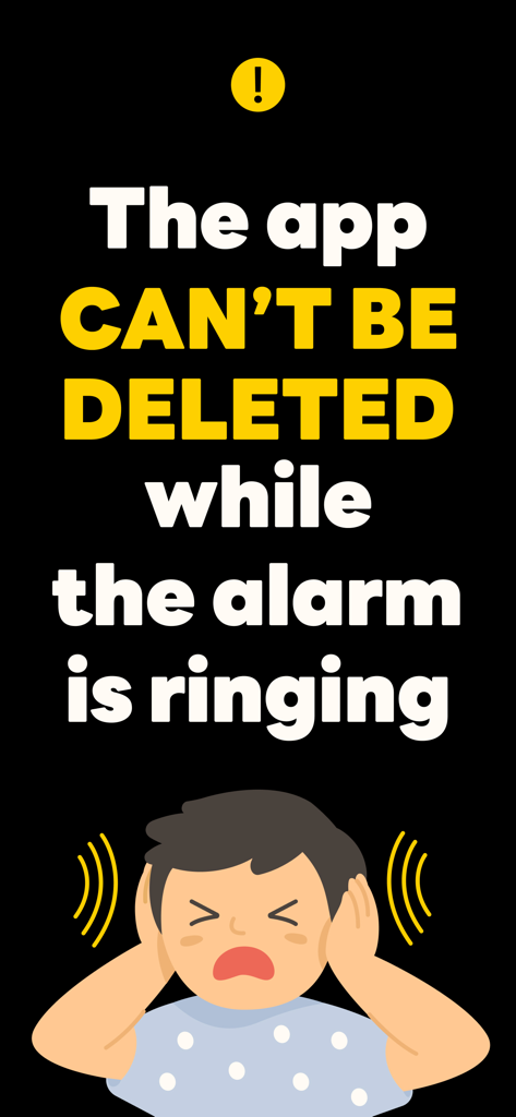 A graphic explaining that the SuperAlarm app cannot be deleted while the alarm is ringing to prevent oversleeping.