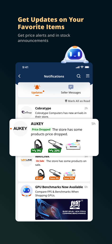 Newegg - Tech Shopping Online - Écran de notifications de l'application Newegg affichant des alertes de prix et des mises à jour de produits pour des articles technologiques.