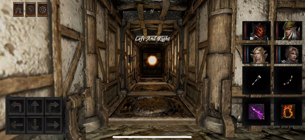 Dungeon Of Dragon Knight - First person view of a stone dungeon hallway with party portraits and grid movement controls