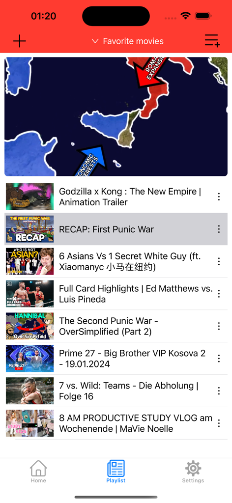 Interface of the Player and Playlist for Youtube app showing a video player and a list of videos in a custom playlist