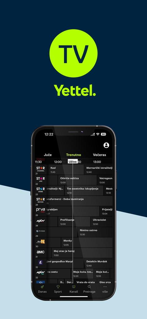 Yettel TV - Yettel TV mobile app interface showing a live TV program guide with various entertainment channels in dark mode