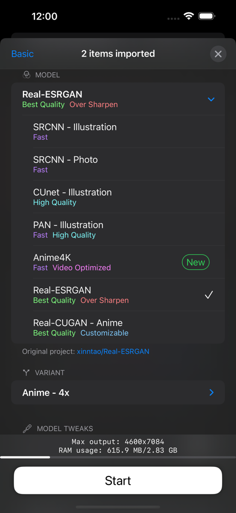 Interface of waifu2x app showing a list of AI models for image upscaling and denoising including Real-ESRGAN and Anime4K