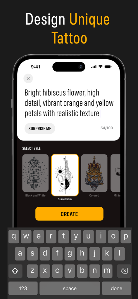 AI Tattoo Generator - The INK - Interfaz de la aplicación The INK que muestra un prompt de texto para una flor de hibisco y opciones de selección de estilo para generar un tatuaje único