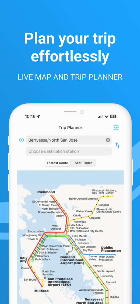 Live BART - Interface do planejador de viagens do aplicativo Live BART com mapa de trânsito da Bay Area