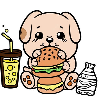 puppy eating a burger and soda