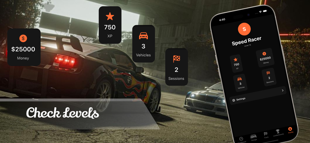 RaceLab Auto Performance Simu - RaceLab app driver profile screen showing experience points, currency, and vehicle levels