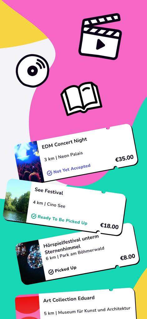 KulturPass DE - KulturPass DE app display featuring digital tickets for local cultural events and icons for movies music and books