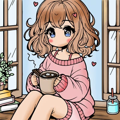 cute anime girl reading book and drinking hot chocolate from mug with loose wavy hair wearing a baggy sweatshirt and shorts sitting by windowsill looking out