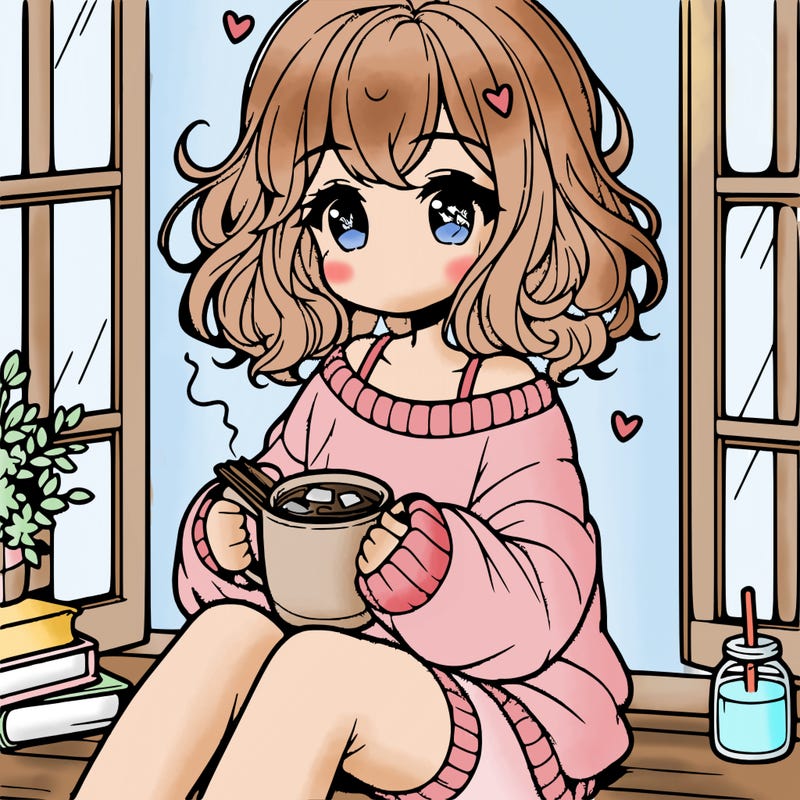 cute anime girl reading book and drinking hot chocolate from mug with loose wavy hair wearing a baggy sweatshirt and shorts sitting by windowsill looking out