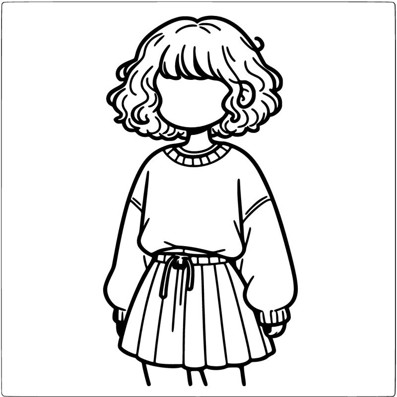 a teen with short curly hair wearing a sweatshirt and a skirt