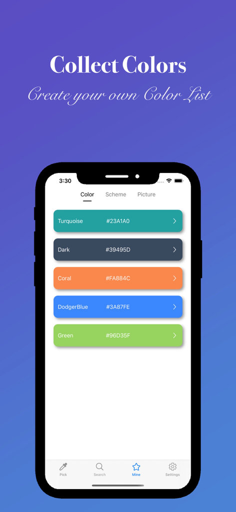 Color Picker: Design & Detect - Color Picker 앱 인터페이스에 헥스 코드와 색상 이름이 있는 저장된 색상 목록이 표시됨
