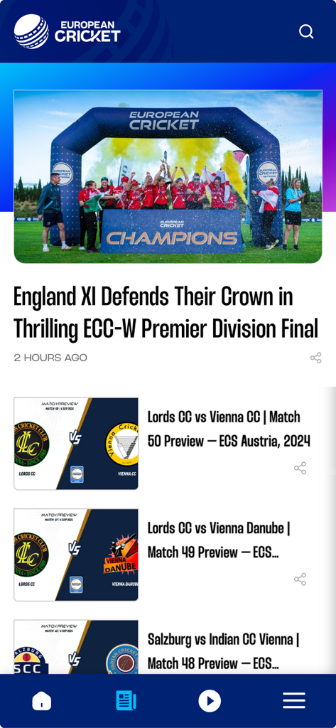 European Cricket Network - Feed di notizie nell'app European Cricket Network con risultati e anteprime delle partite.