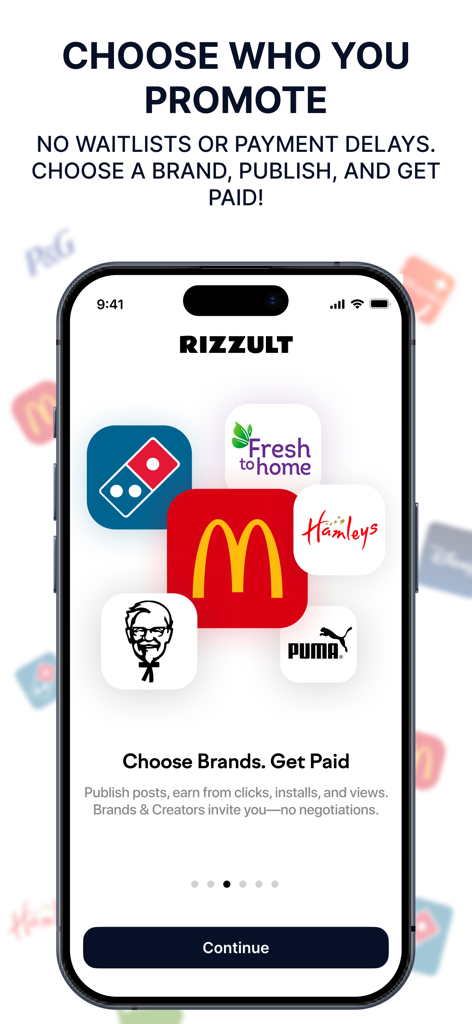 Ein Smartphone-Bildschirm, der die RIZZULT-App-Oberfläche zeigt, auf der Creator große Marken wie McDonalds und Puma auswählen können, um sie zu bewerben und Geld zu verdienen.