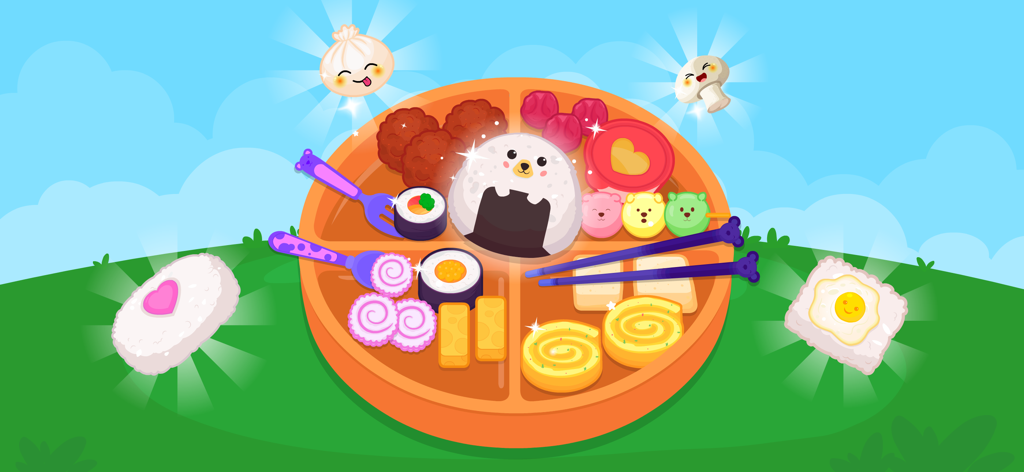 Sushi Maker—Kids Cooking Games - A vibrant bento meal with a bear rice ball and sushi for kids cooking game