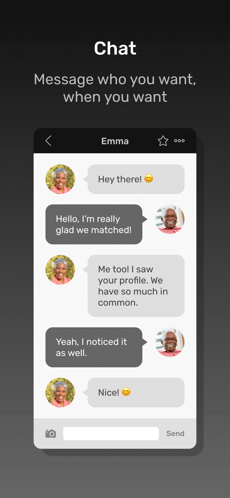 Black Senior Personals App - A chat screen from the Black Senior Personals app showing a friendly conversation between a mature man and woman