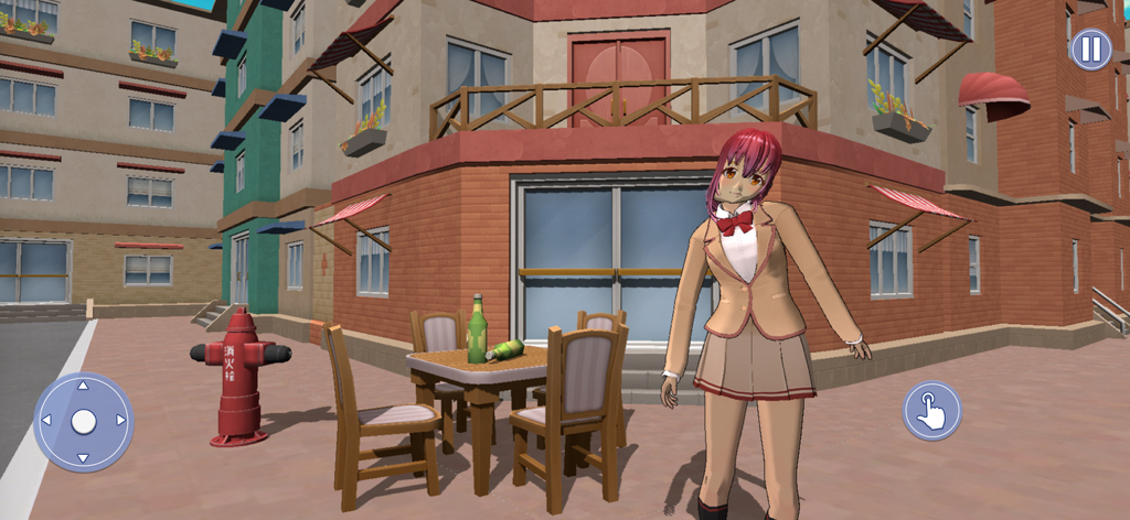 Preggo Anime Mother Life Sim! - Un personaje de anime en 3D con uniforme escolar de pie en un entorno urbano al aire libre con edificios y una mesa de patio