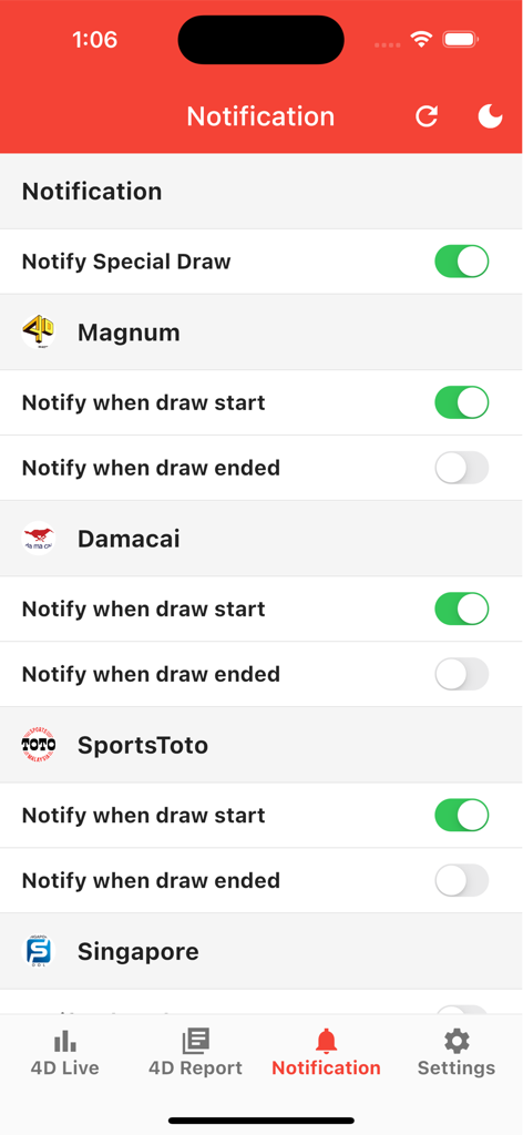 Paramètres de notification pour les tirages de loterie, y compris Magnum Damacai et SportsToto dans l'application Live 4D