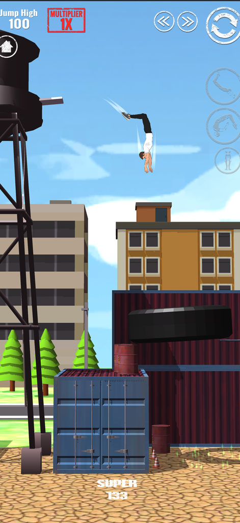 SWAGFLIP Parkour Origins - Um personagem de parkour realizando um salto mortal sobre contêineres em um cenário urbano.
