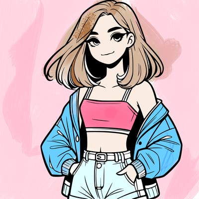 a realistic girl with a crop top and short shorts in an open jacket